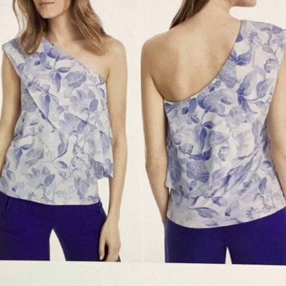 White House Black Market One Shoulder Sleeve Ruffle Top